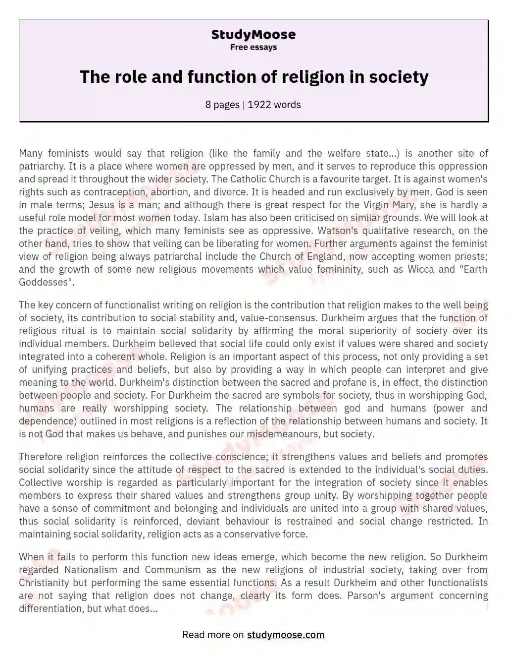 The role and function of religion in society essay