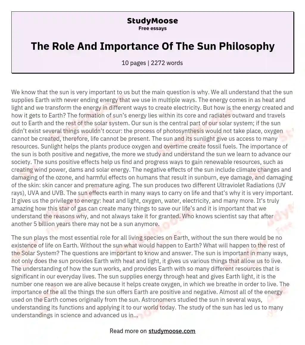 The Role And Importance Of The Sun Philosophy essay