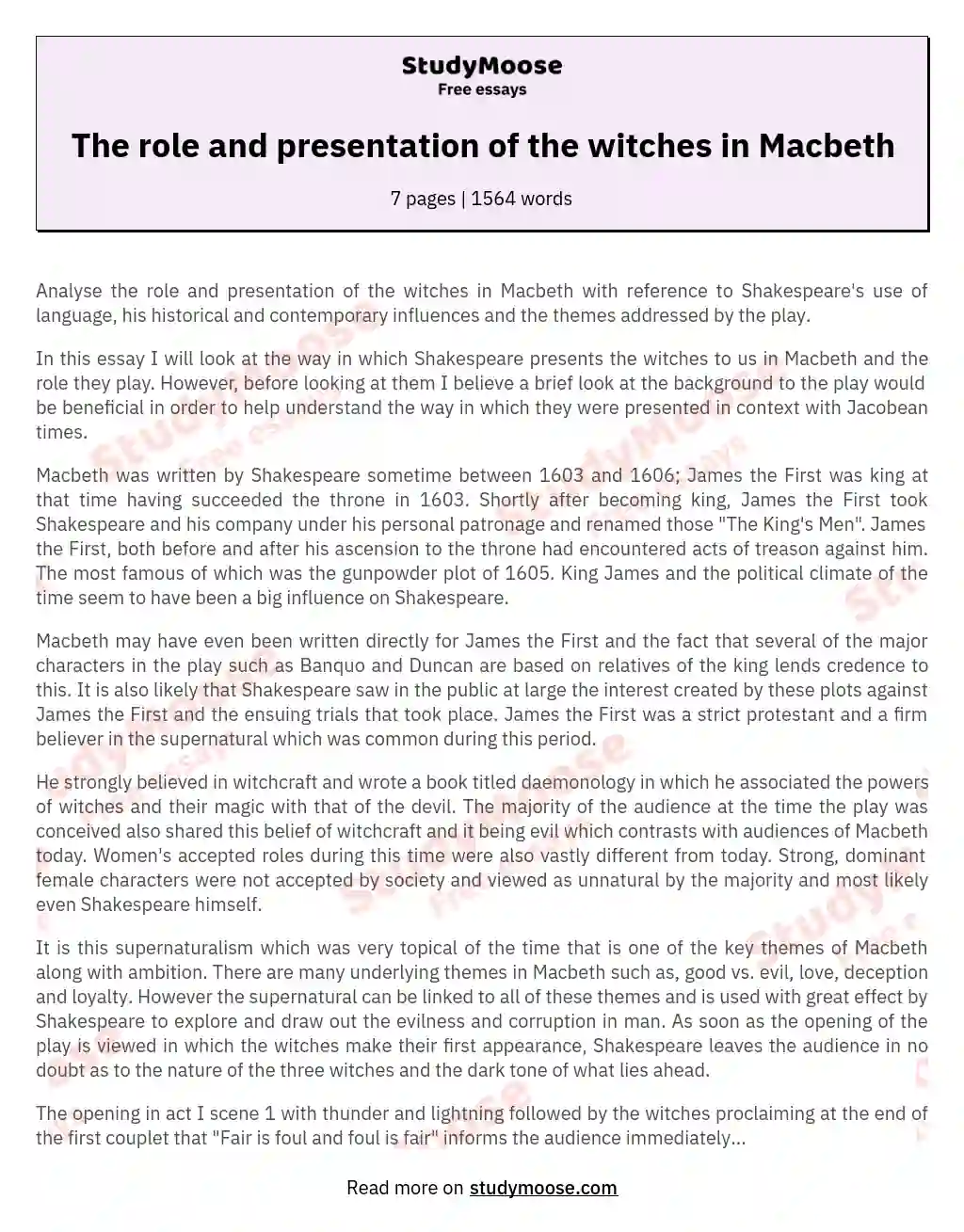 The role and presentation of the witches in Macbeth essay