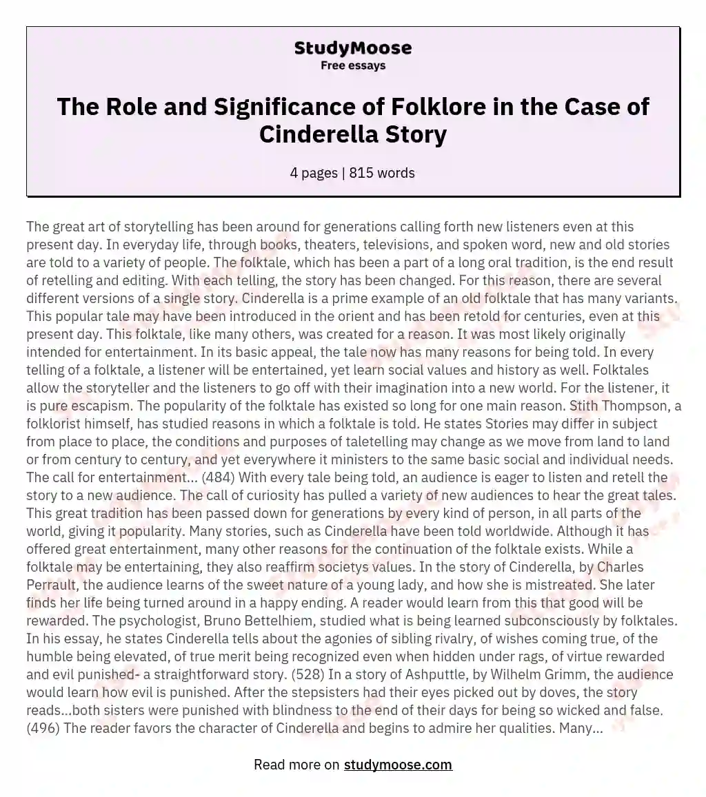 The Role and Significance of Folklore in the Case of Cinderella Story essay