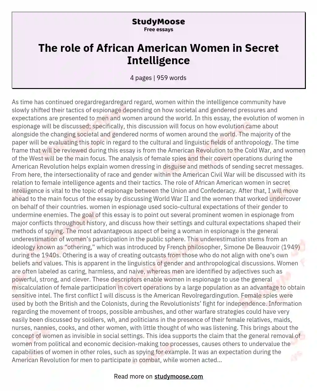 The role of African American Women in Secret Intelligence essay