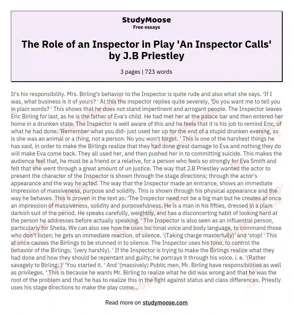 The Role of an Inspector in Play 'An Inspector Calls' by J.B Priestley