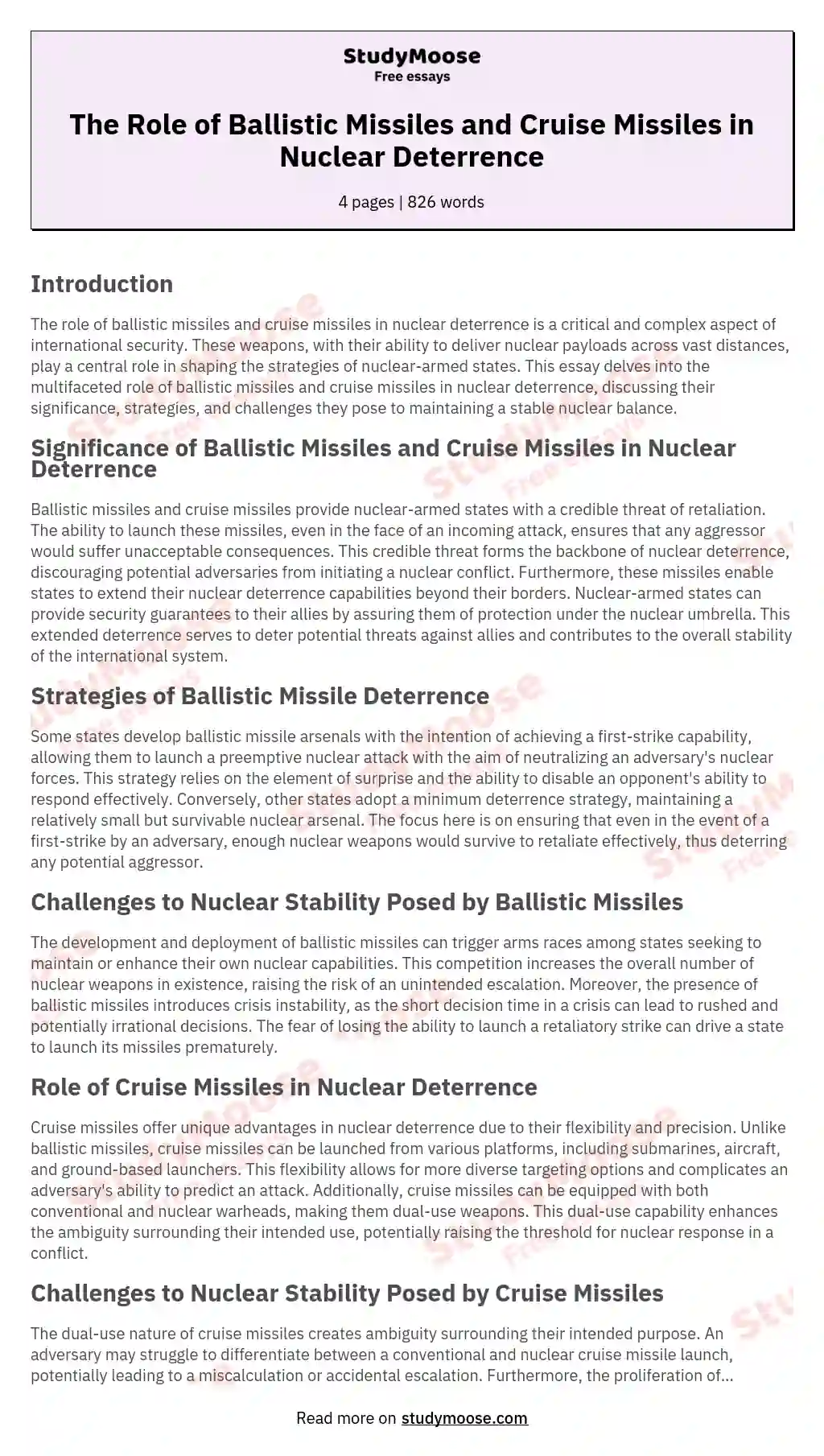 The Role of Ballistic Missiles and Cruise Missiles in Nuclear Deterrence essay