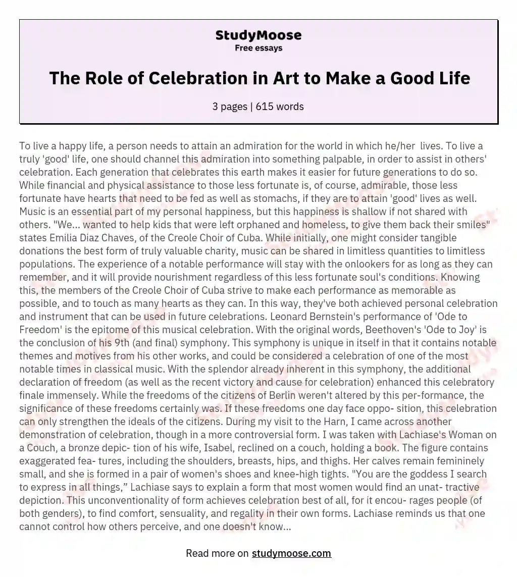 The Role of Celebration in Art to Make a Good Life essay