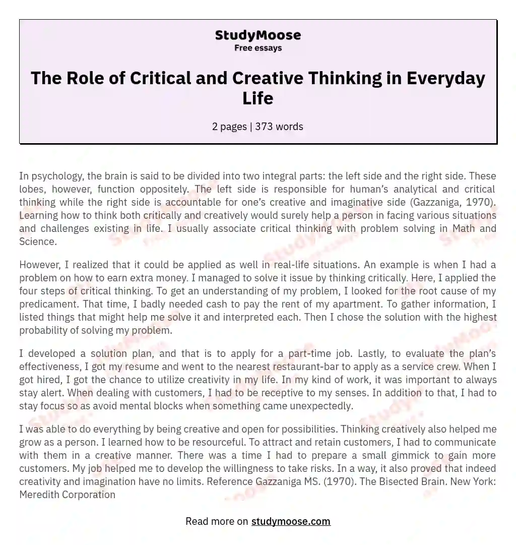 The Role of Critical and Creative Thinking in Everyday Life essay
