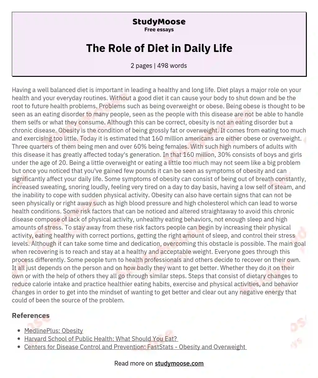The Role of Diet in Daily Life essay