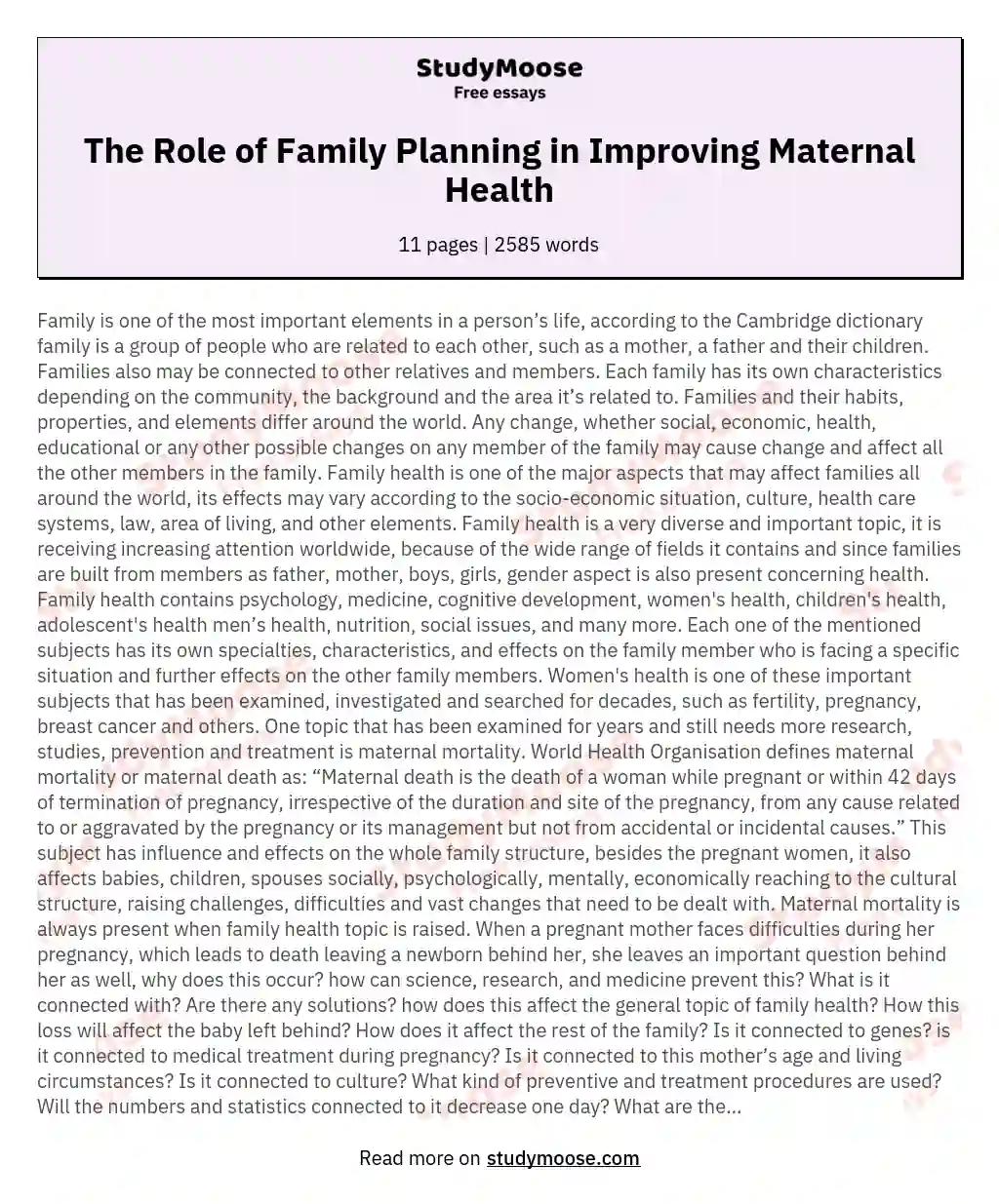The Role of Family Planning in Improving Maternal Health essay
