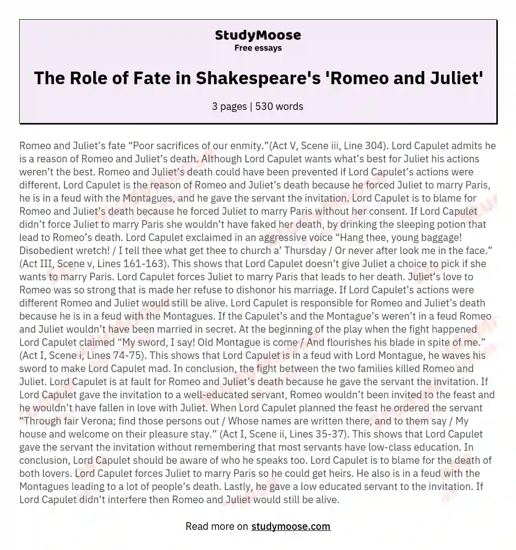The Role of Fate in Shakespeare's 'Romeo and Juliet' essay