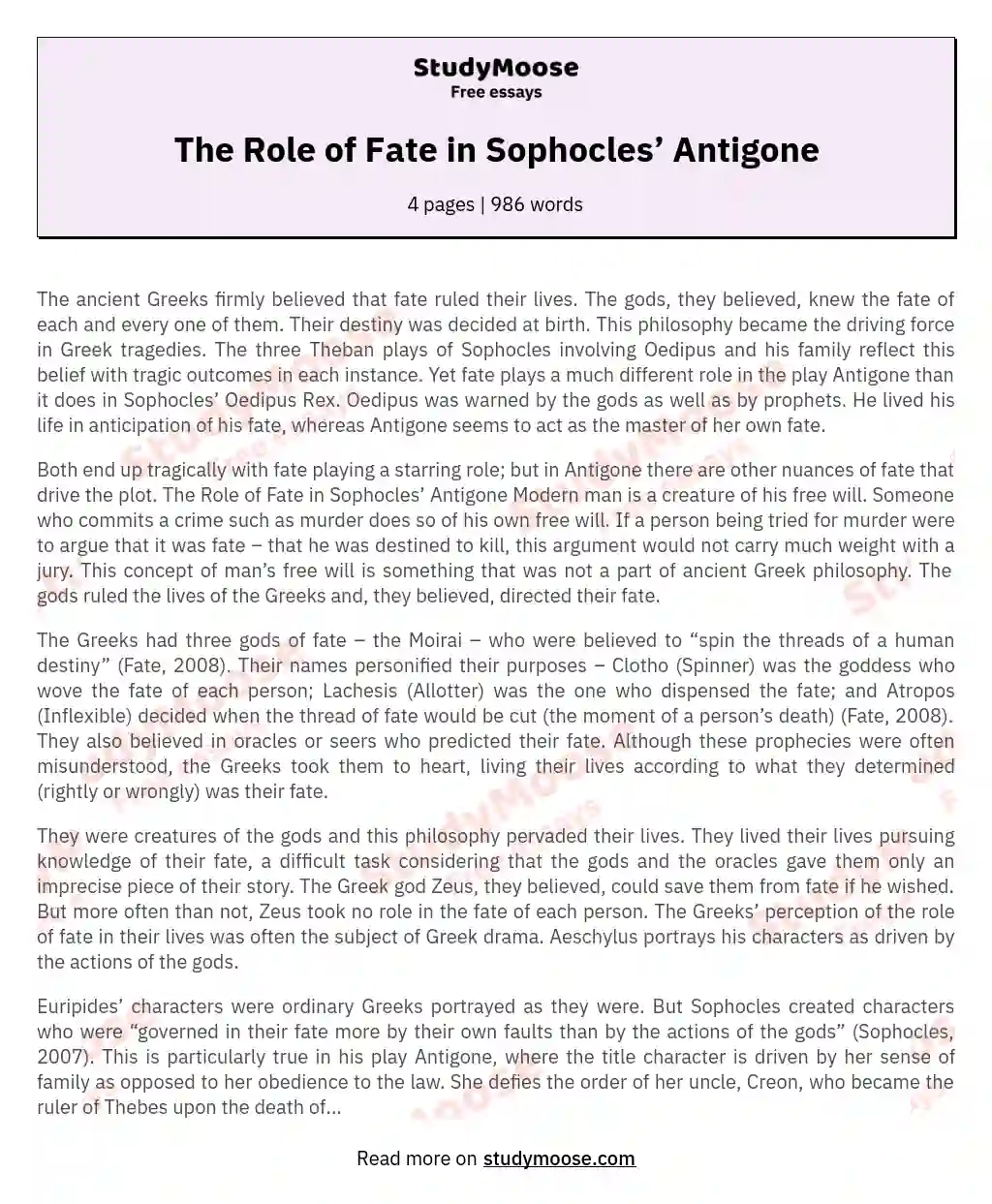 The Role of Fate in Sophocles’ Antigone essay