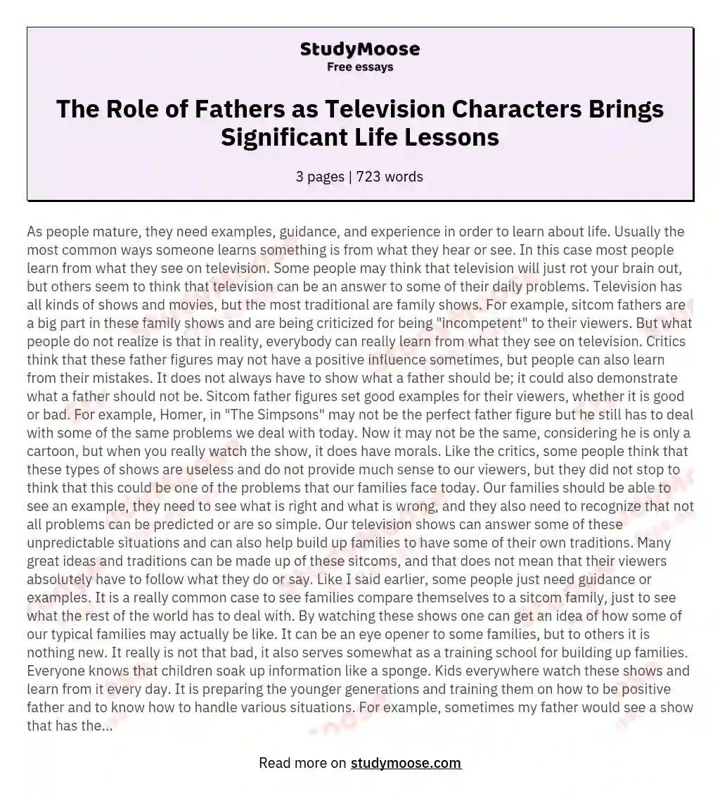 The Role of Fathers as Television Characters Brings Significant Life Lessons essay