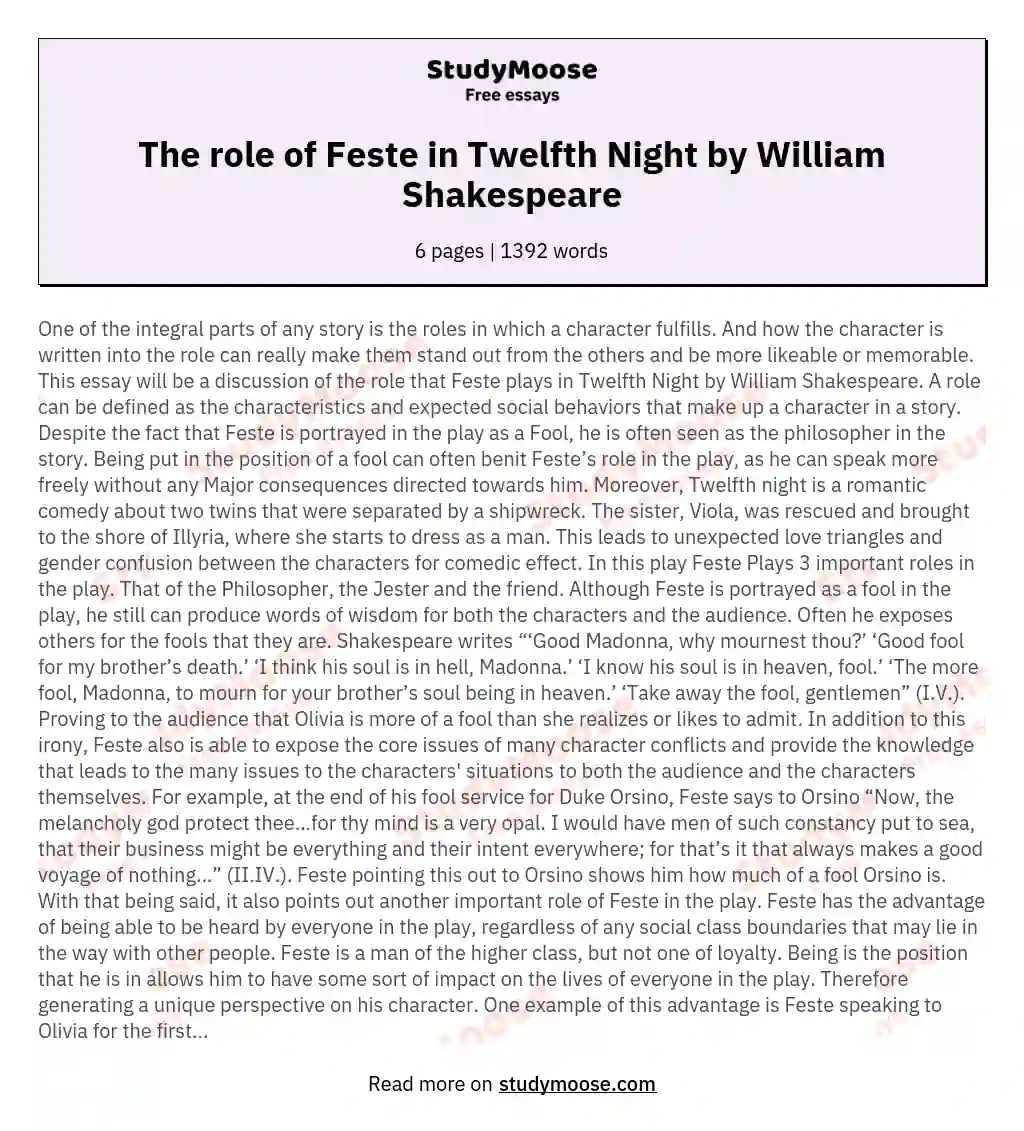 The role of Feste in Twelfth Night by William Shakespeare essay