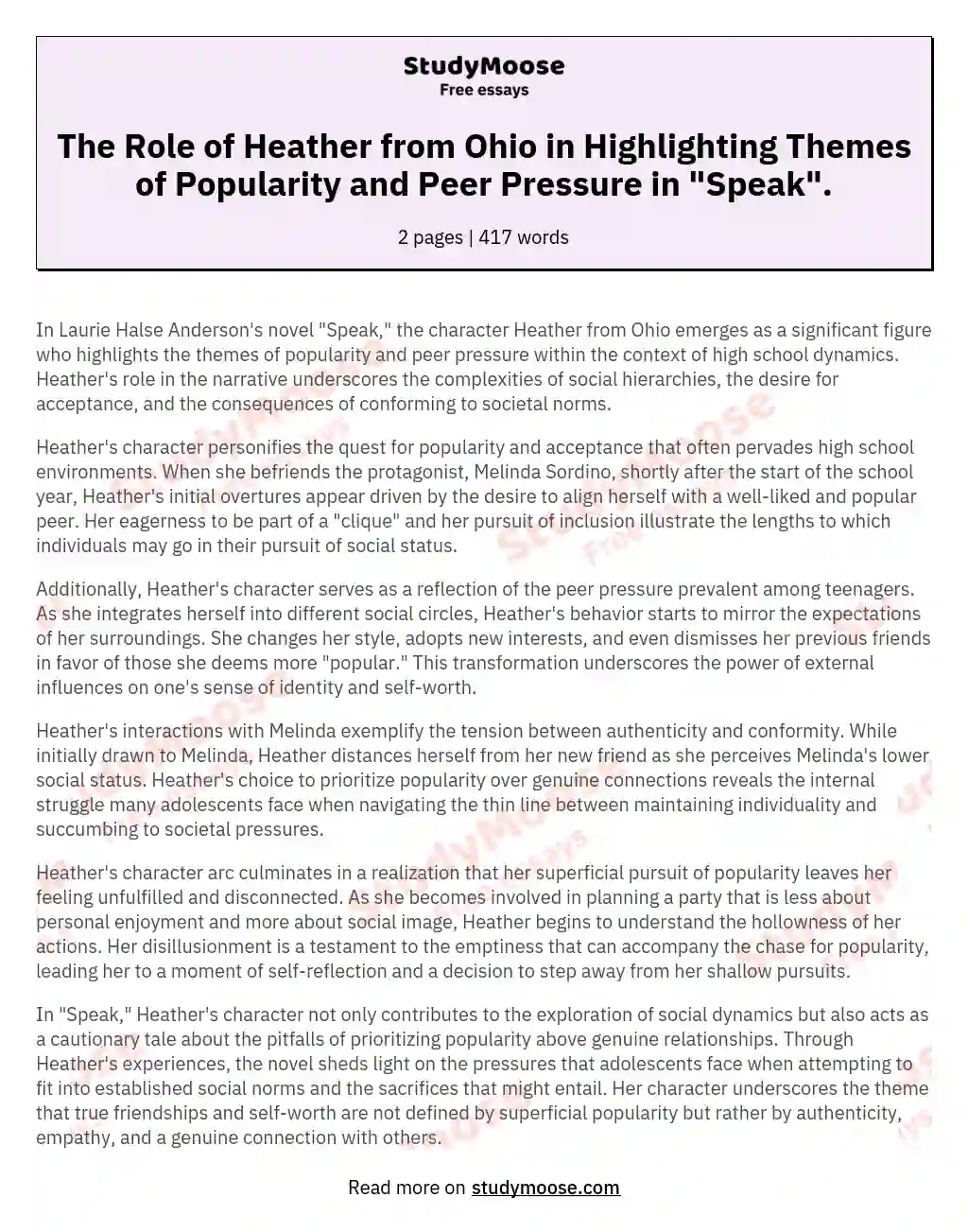The Role of Heather from Ohio in Highlighting Themes of Popularity and Peer Pressure in "Speak". essay