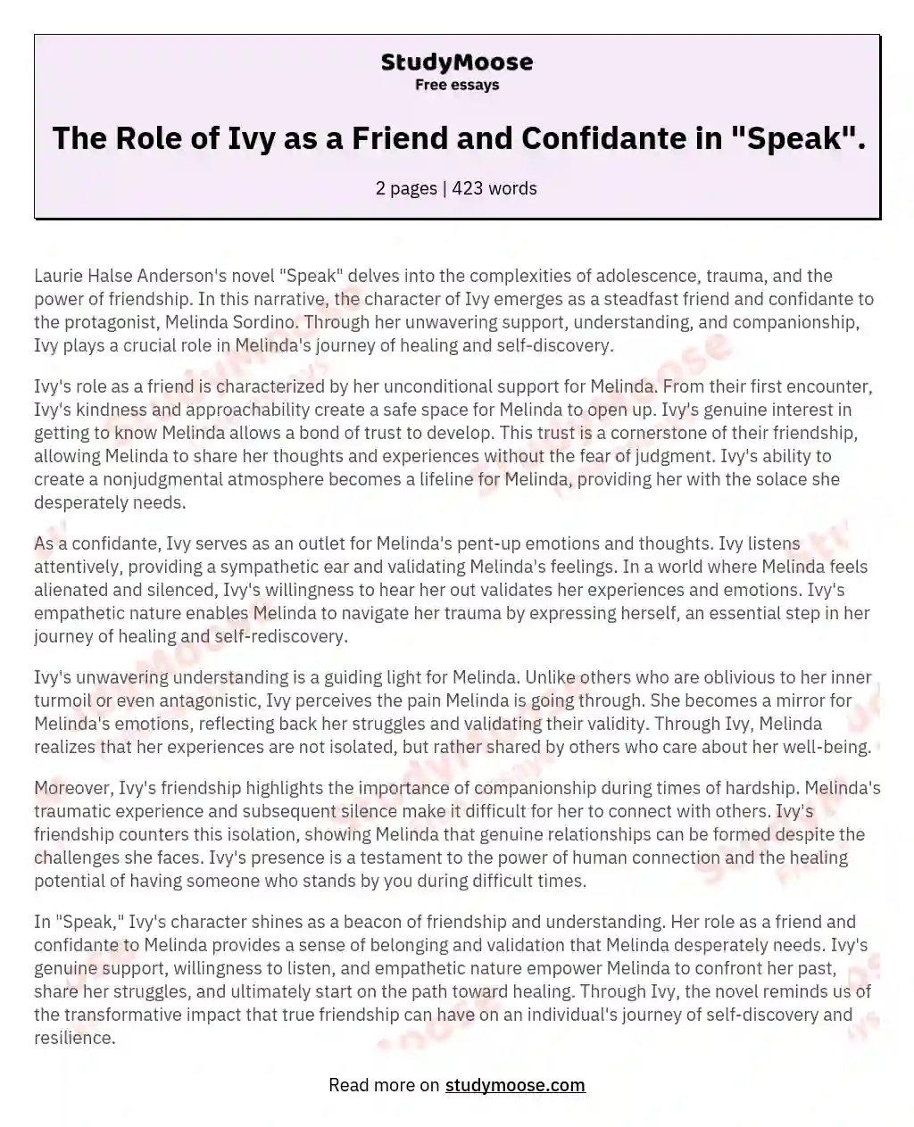 The Role of Ivy as a Friend and Confidante in "Speak". essay