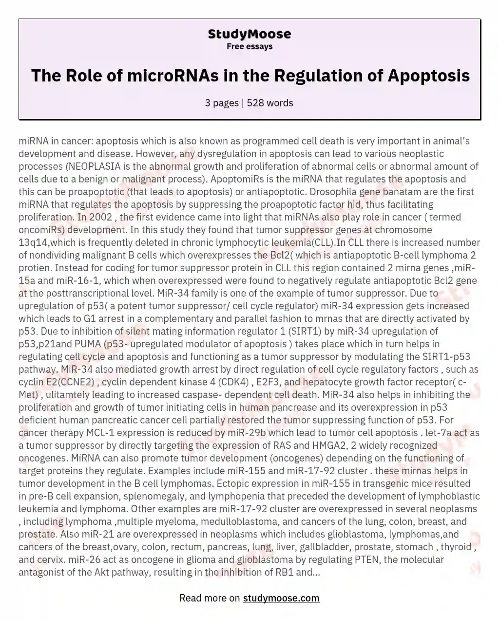 The Role of microRNAs in the Regulation of Apoptosis essay
