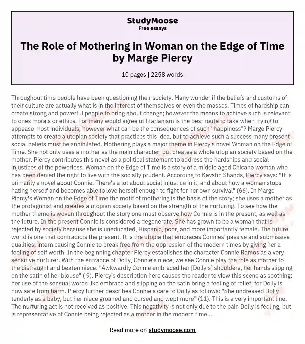 The Role of Mothering in Woman on the Edge of Time by Marge Piercy essay