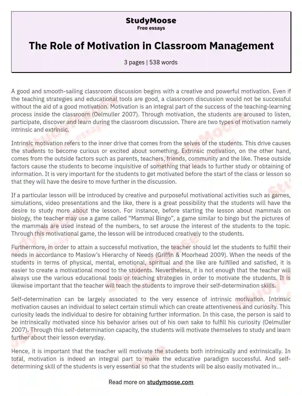 The Role of Motivation in Classroom Management essay
