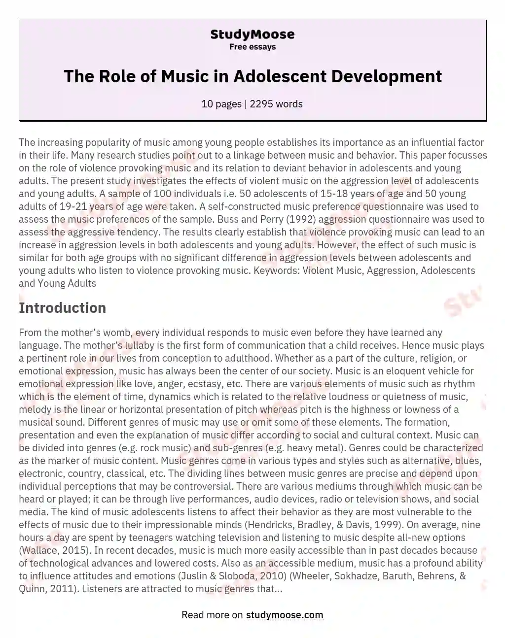 The Role of Music in Adolescent Development essay