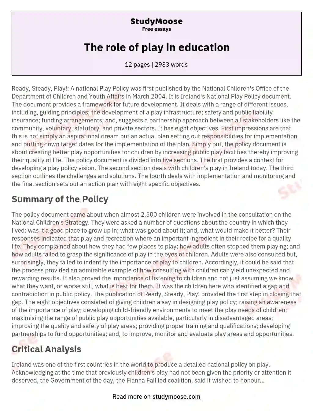 The role of play in education essay