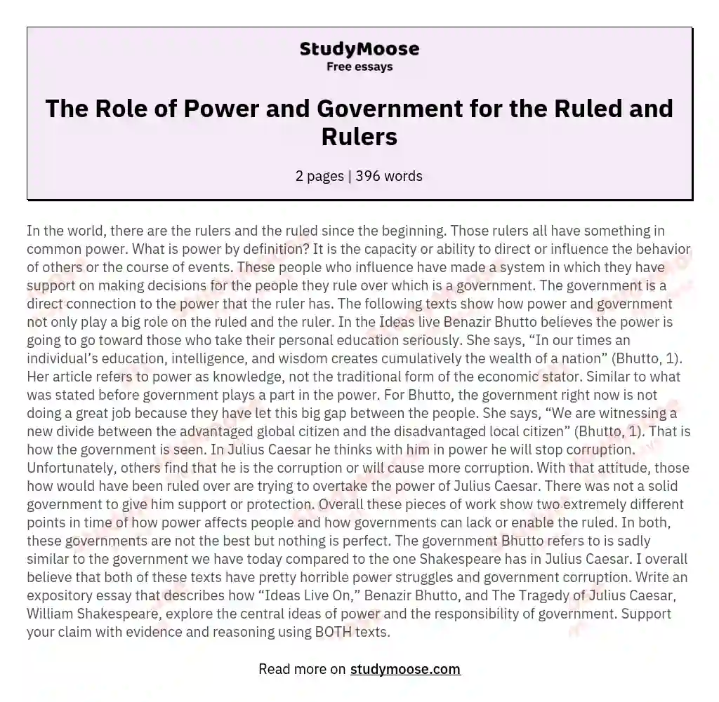 The Role of Power and Government for the Ruled and Rulers essay