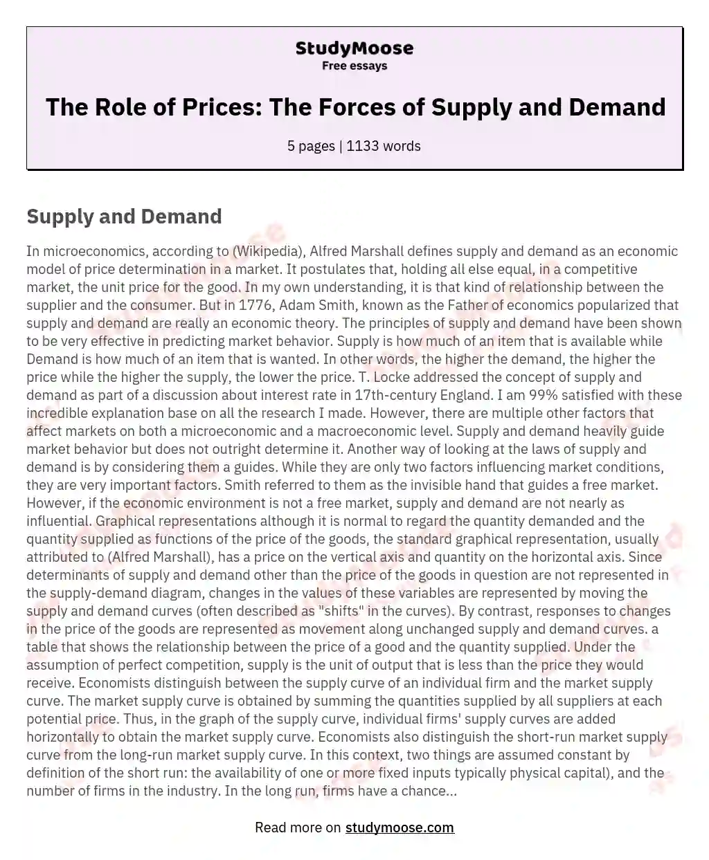 The Role of Prices: The Forces of Supply and Demand essay