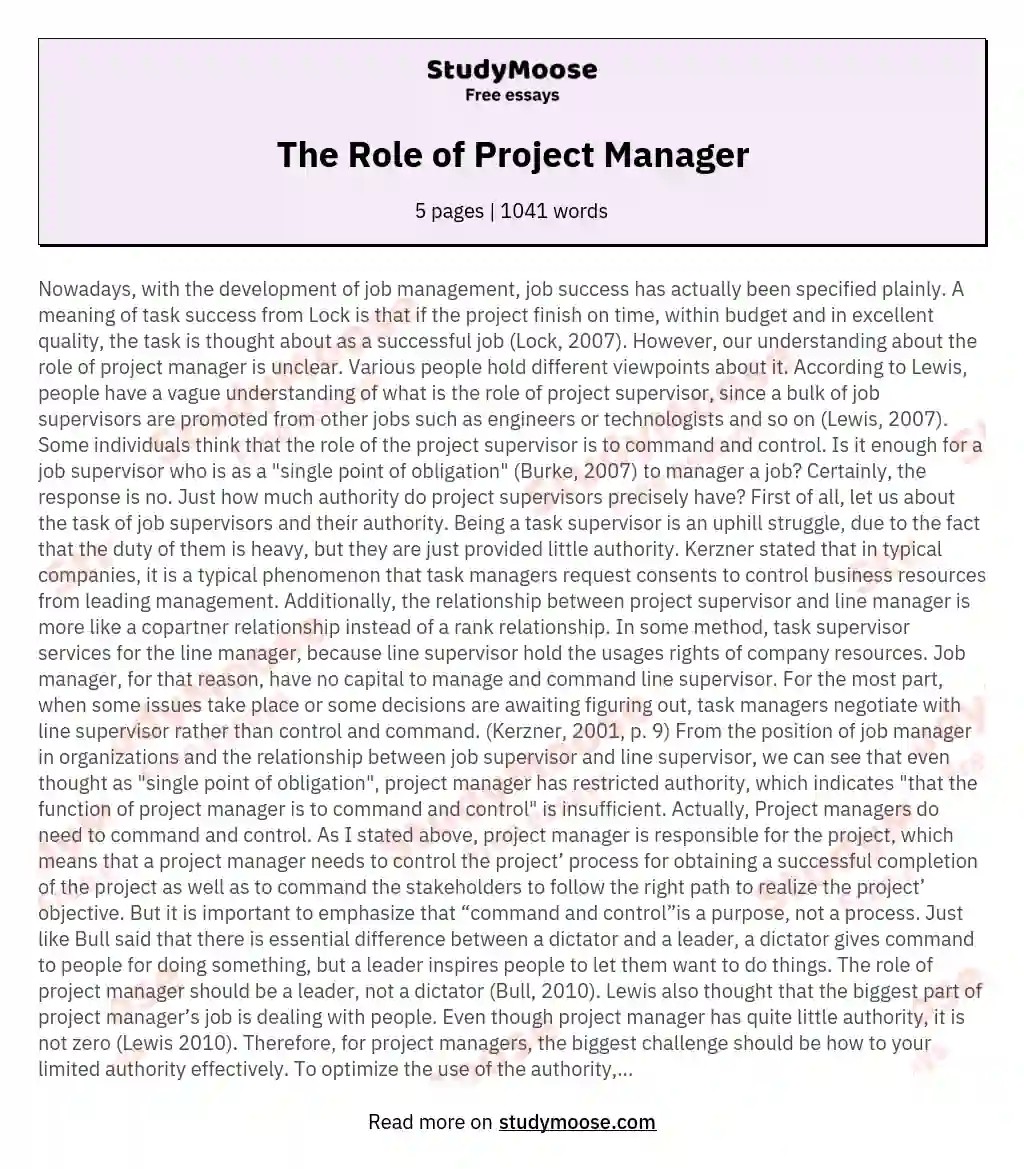 The Role of Project Manager essay