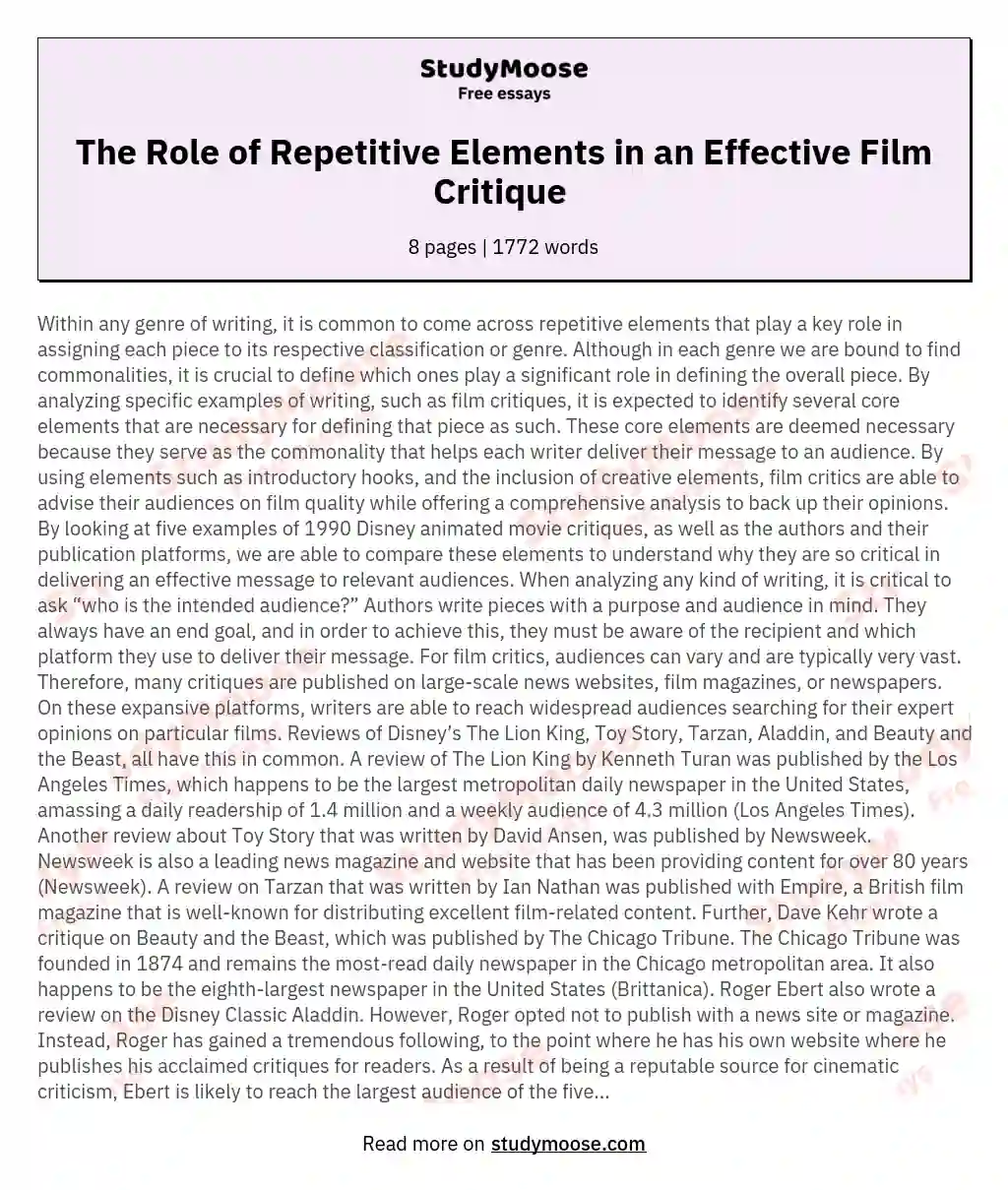 The Role of Repetitive Elements in an Effective Film Critique  essay