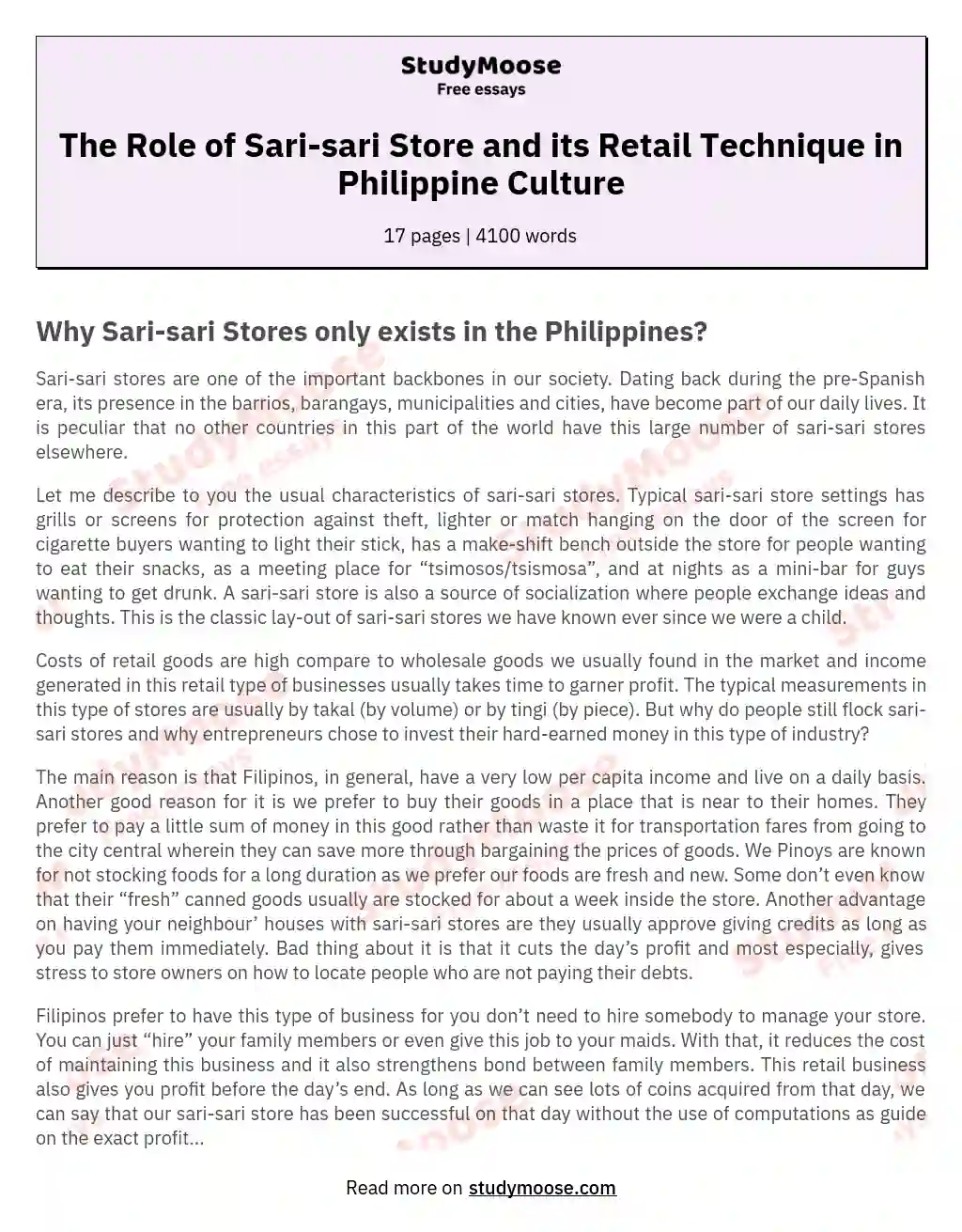 The Role of Sari-sari Store and its Retail Technique in Philippine Culture essay