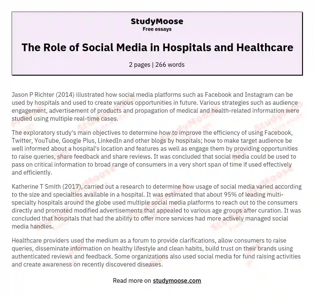 The Role of Social Media in Hospitals and Healthcare essay