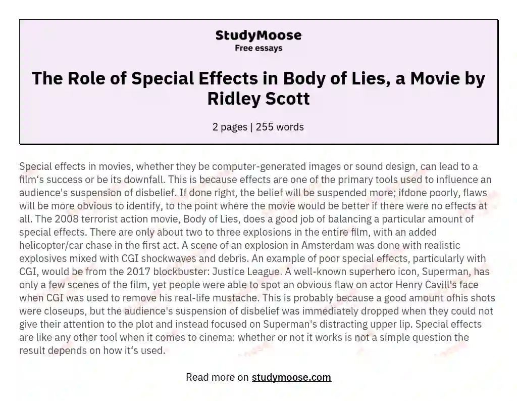 The Role of Special Effects in Body of Lies, a Movie by Ridley Scott essay