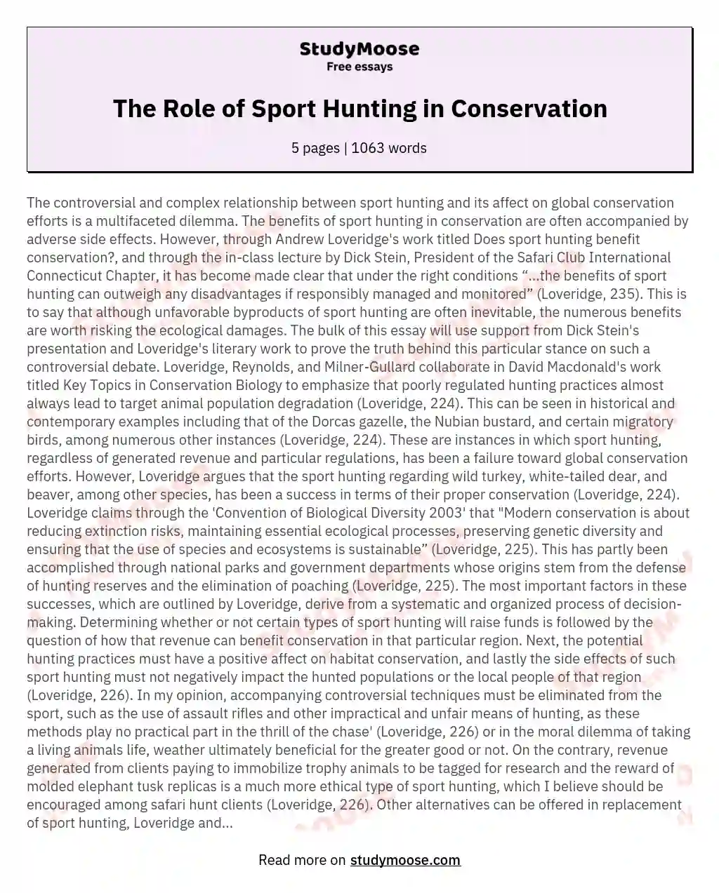 The Role of Sport Hunting in Conservation essay