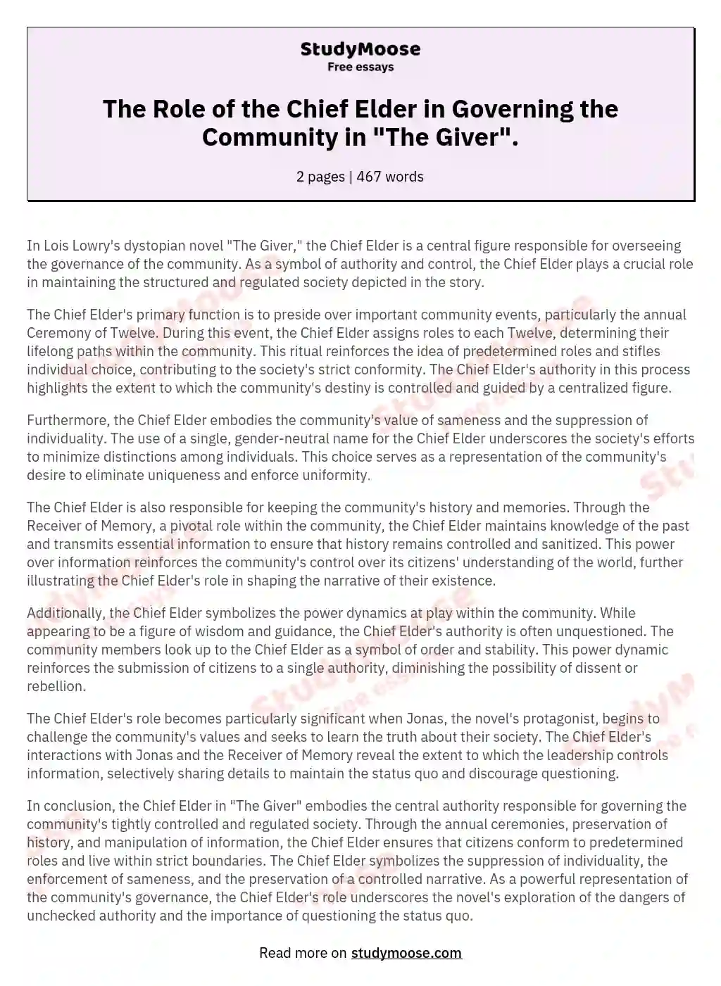 The Role of the Chief Elder in Governing the Community in "The Giver". essay