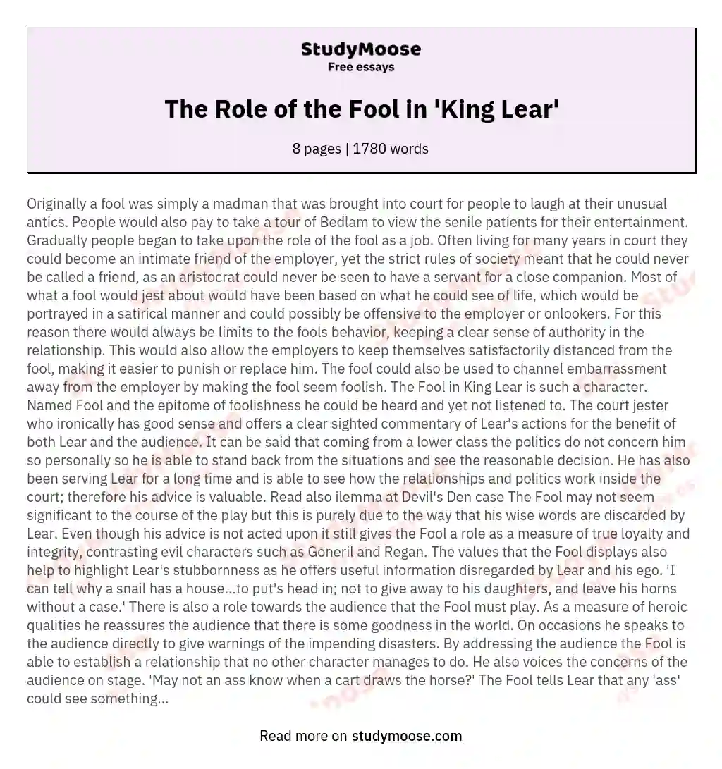 The Role of the Fool in 'King Lear' essay