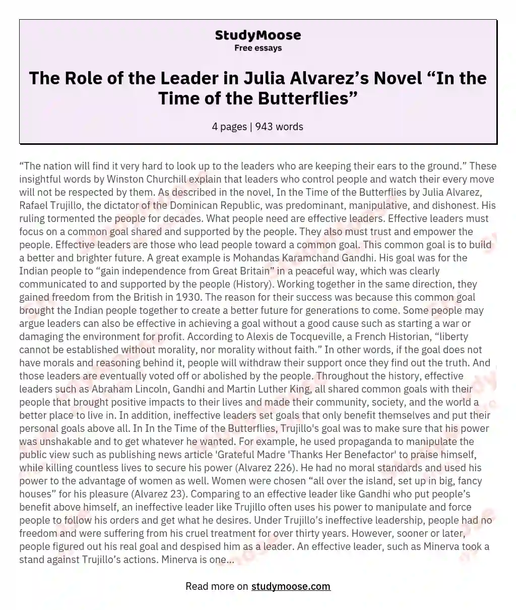 The Role of the Leader in Julia Alvarez’s Novel “In the Time of the Butterflies” essay