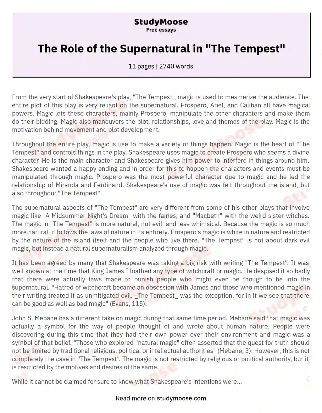 The Role of the Supernatural in "The Tempest" essay