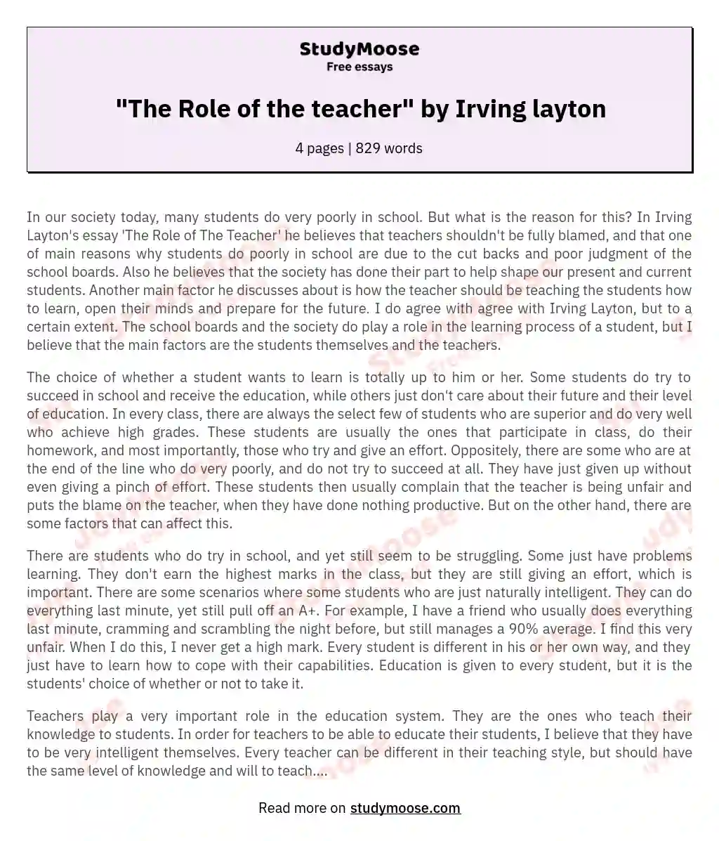 "The Role of the teacher" by Irving layton essay