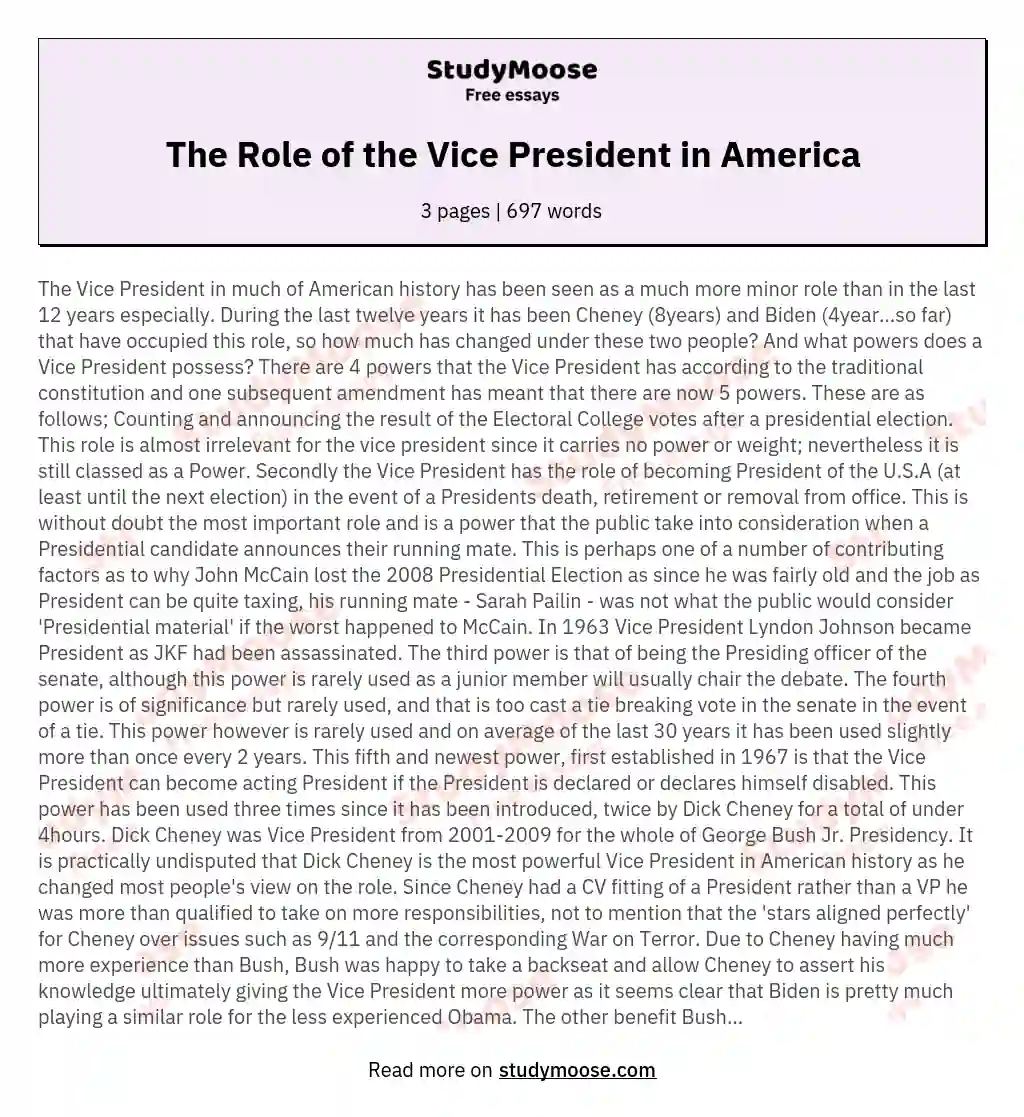 The Role of the Vice President in America essay