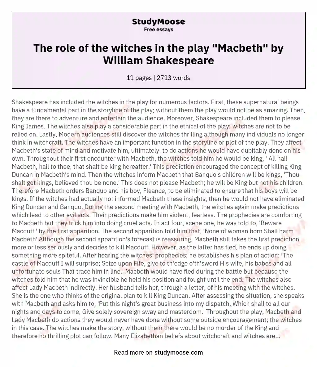 The role of the witches in the play "Macbeth" by William Shakespeare essay