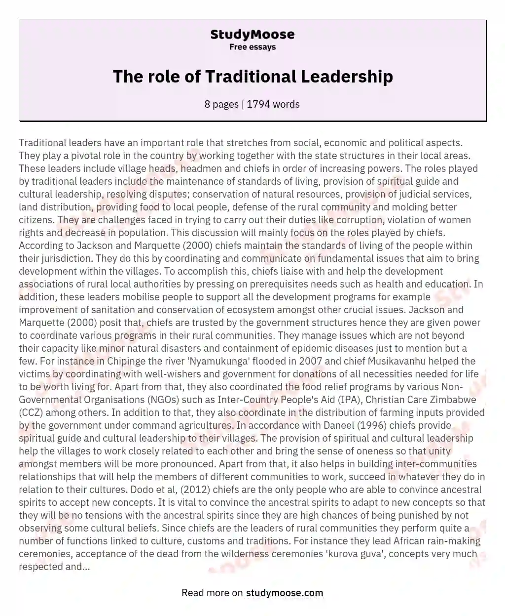 The role of Traditional Leadership essay