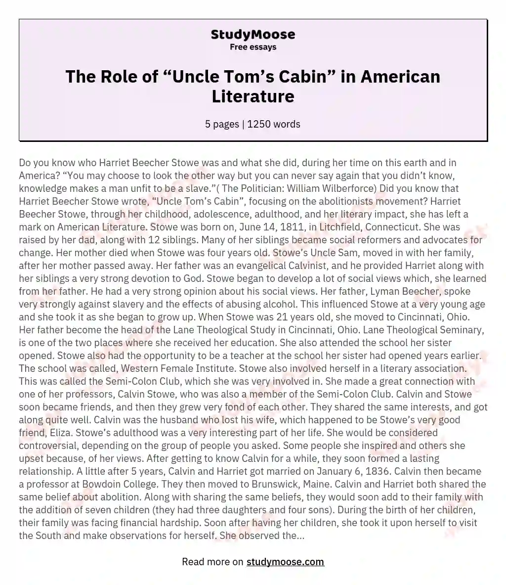 The Role of “Uncle Tom’s Cabin” in American Literature essay