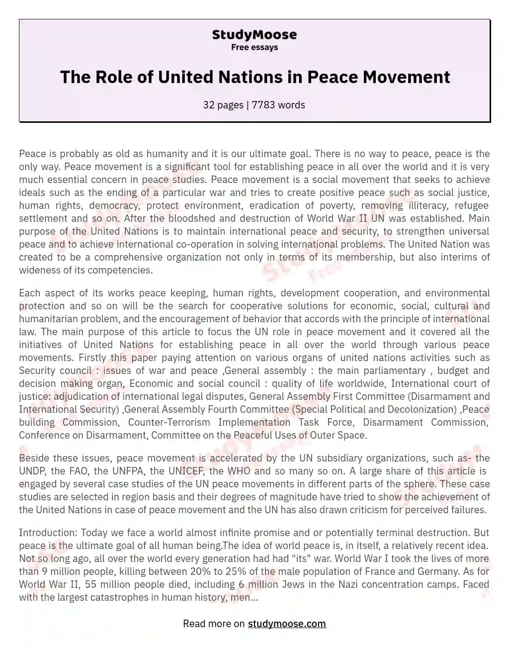 The Role of United Nations in Peace Movement essay