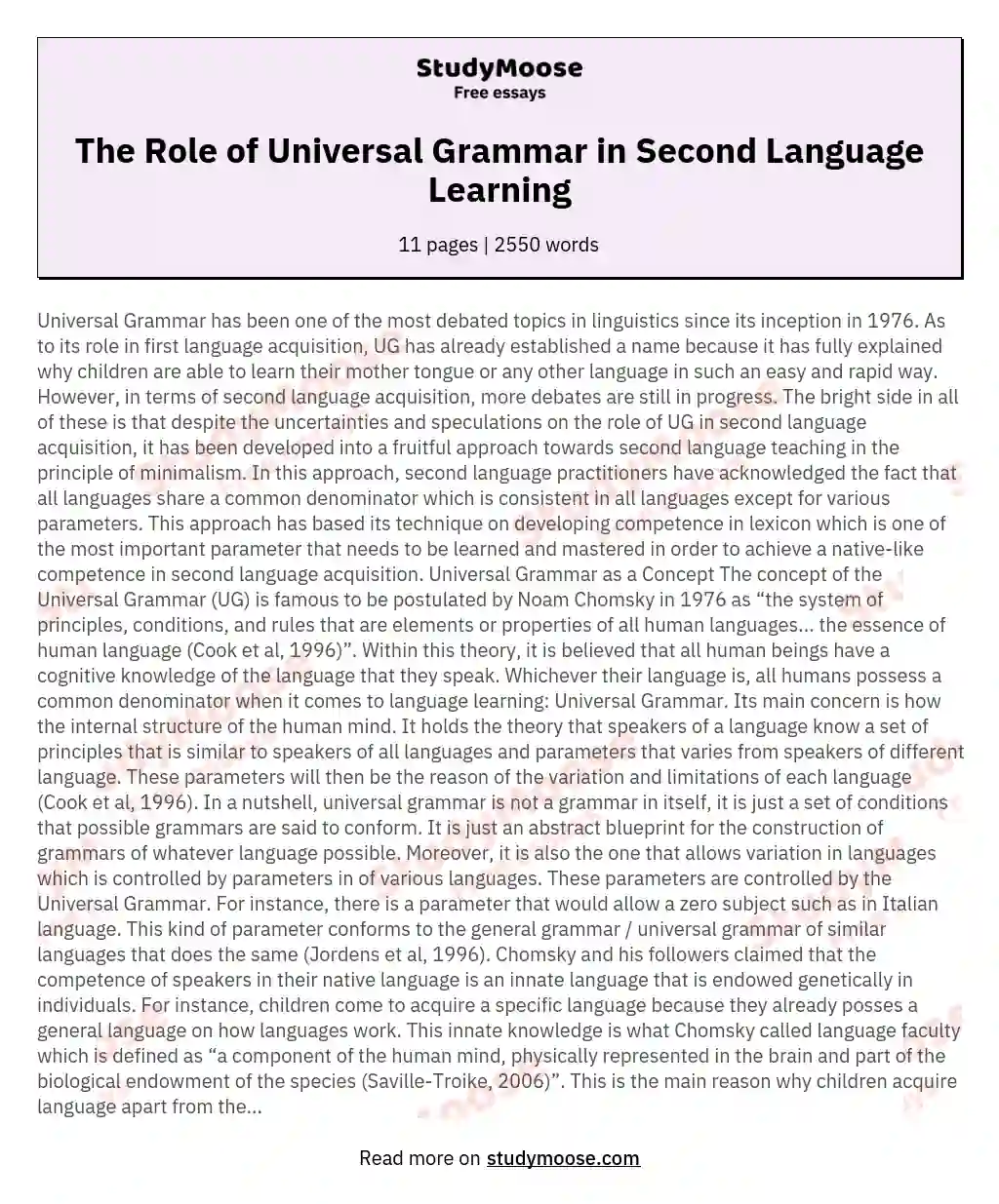 The Role of Universal Grammar in Second Language Learning essay