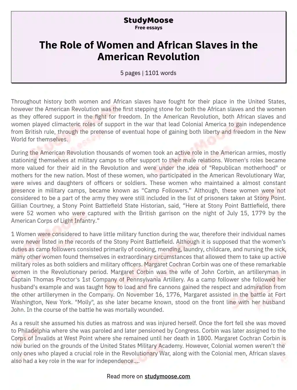 The Role of Women and African Slaves in the American Revolution