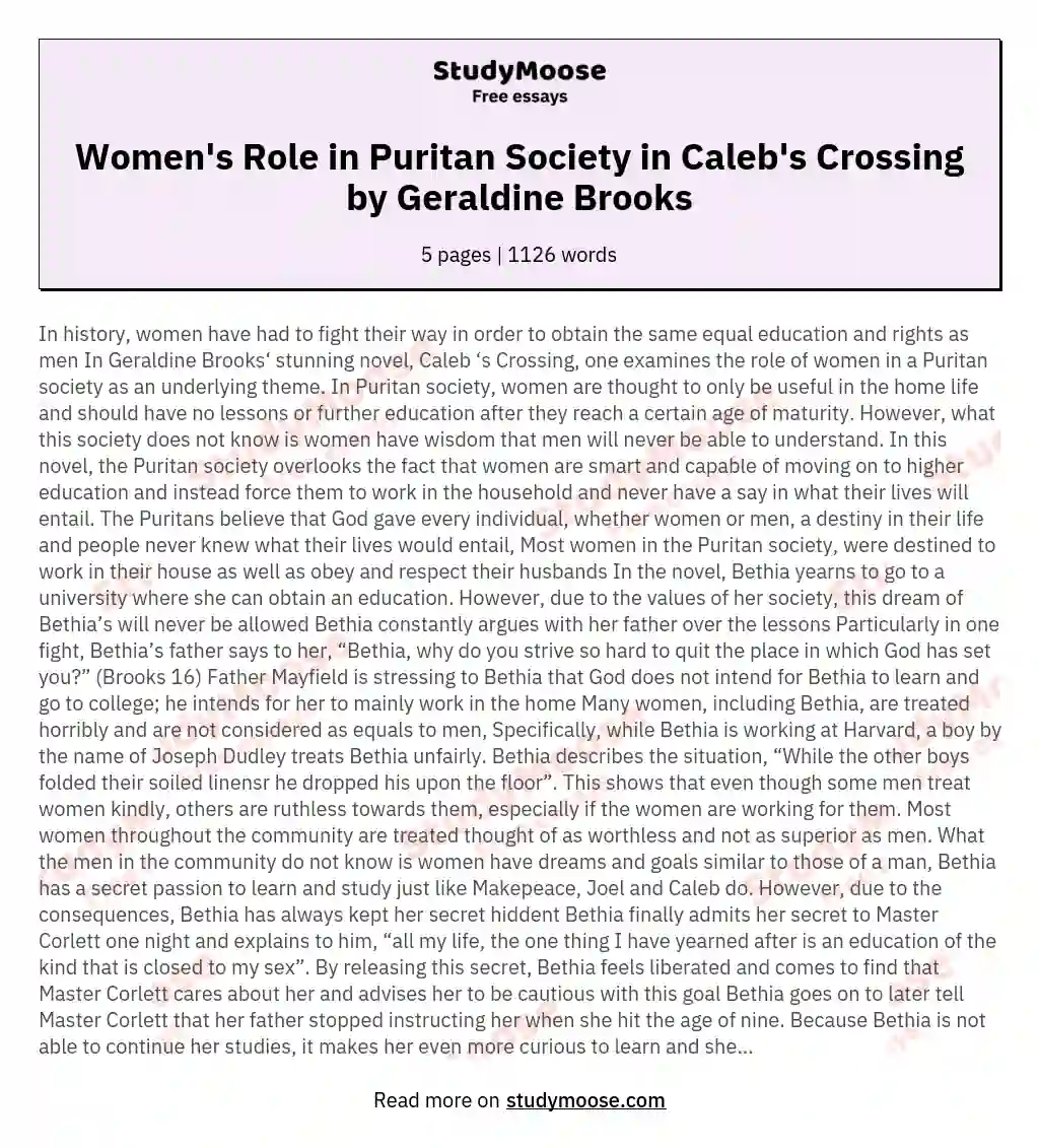 Women's Role in Puritan Society in Caleb's Crossing by Geraldine Brooks essay