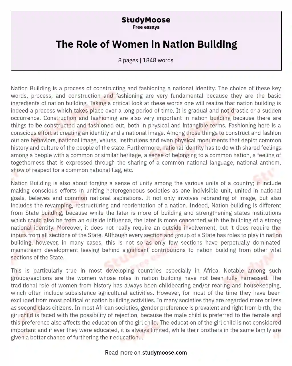 The Role of Women in Nation Building essay
