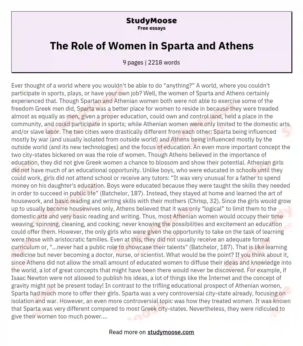 The Role of Women in Sparta and Athens essay