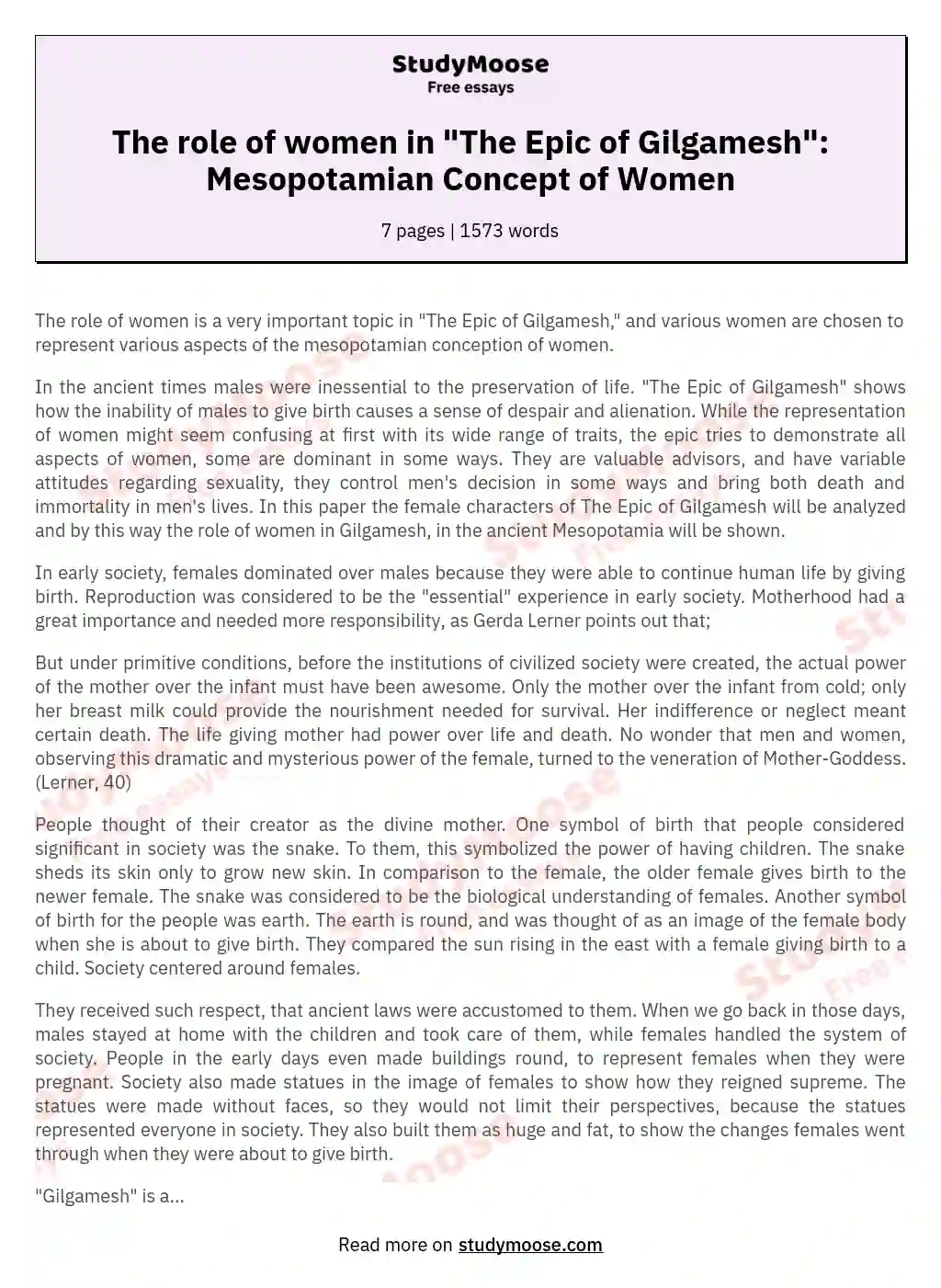 The role of women in "The Epic of Gilgamesh": Mesopotamian Concept of Women