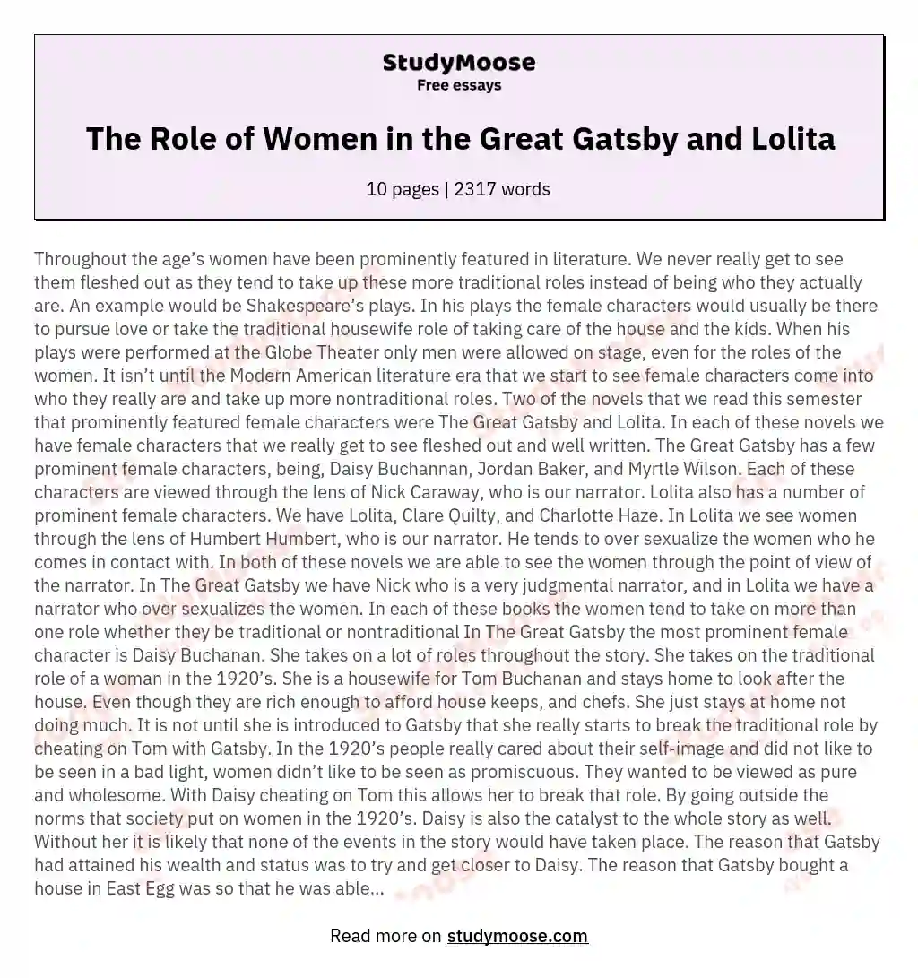 The Role of Women in the Great Gatsby and Lolita essay