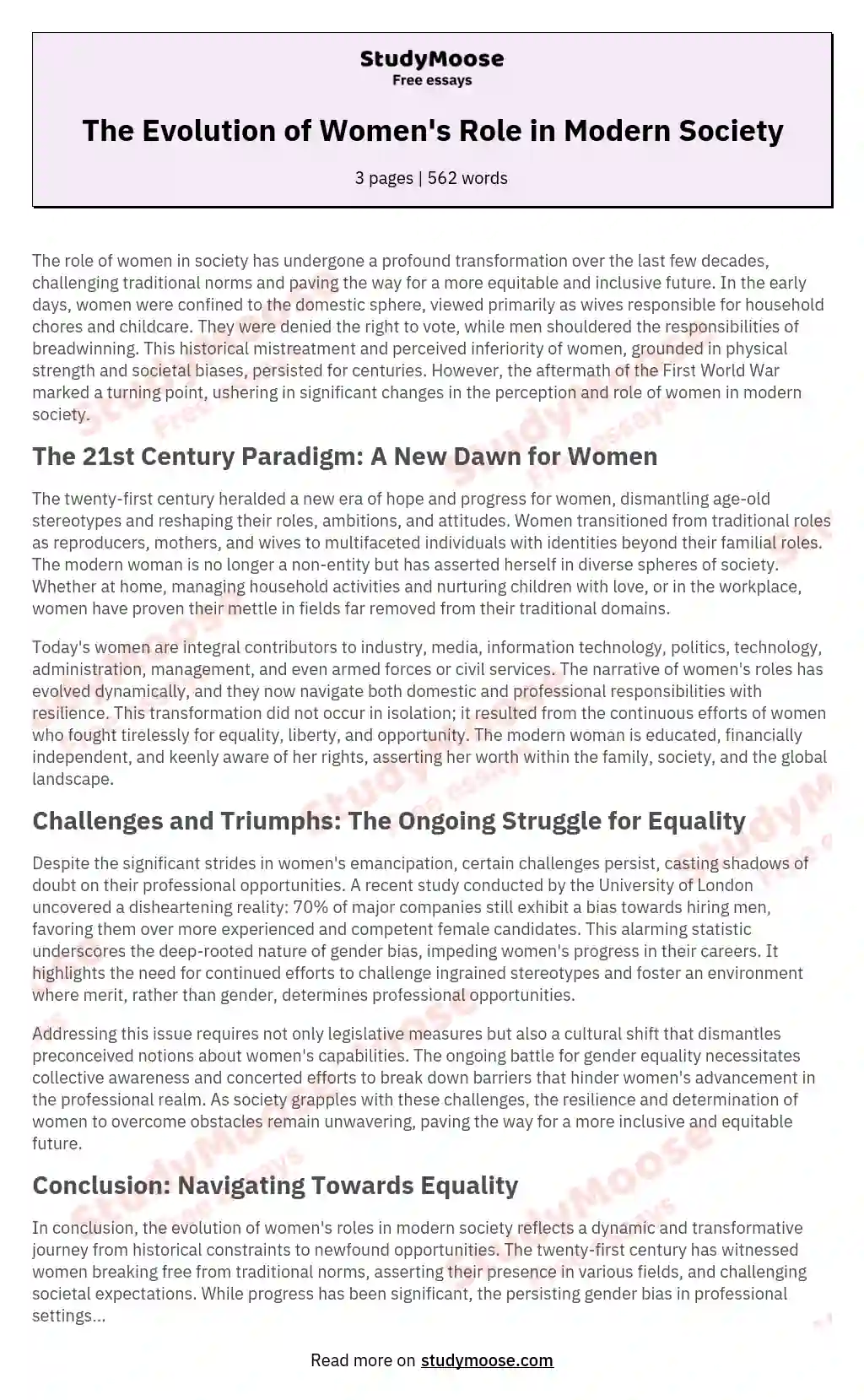 The Evolution of Women's Role in Modern Society essay