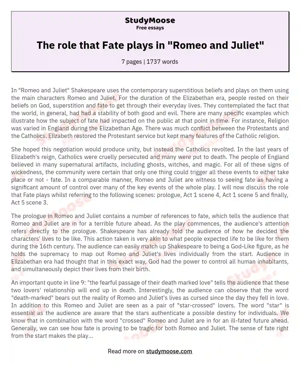 The Role of Fate in Shakespeare's "Romeo and Juliet" essay