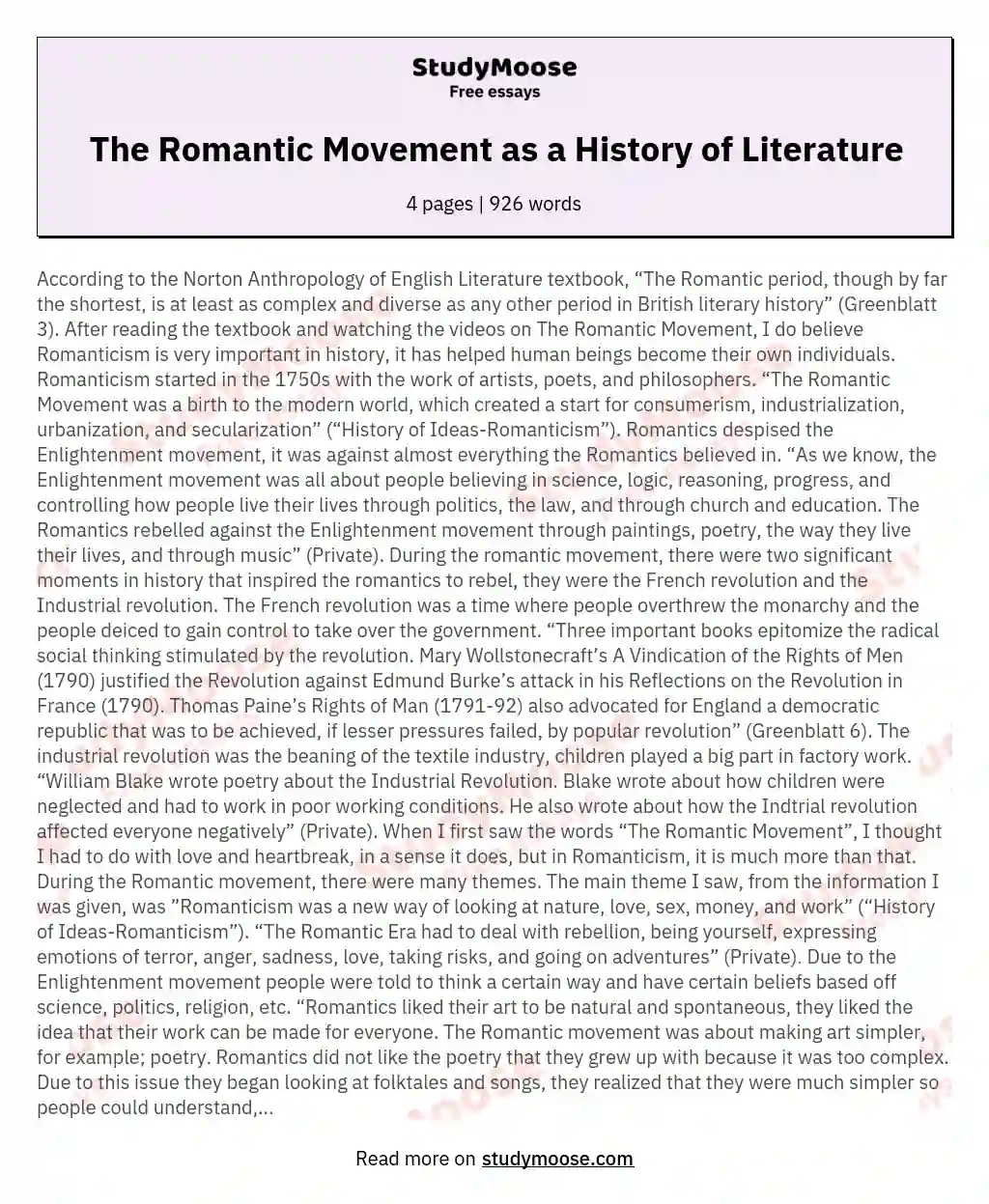 The Romantic Movement as a History of Literature essay